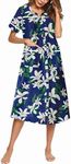 Ekouaer Womens Snap Front Dusters Cotton Housecoat Short Sleeve Nightgown House Dress With Pockets, Blue Floral