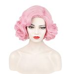 Short Pink Curly 1920s Wig for Women Adult, 50s Frenchie Wig Pink Bob Finger Wave Wig for Pink Ladies,Roaring Flapper Synthetic Hair Wig + Wig Cap for Halloween Costume Party Cosplay