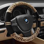 FULL WERK Luxury Leopard Print Fashionable Plush Car Steering Wheel Cover, Universal Fit, Keep Warm for Car SUV (Beige+Black)