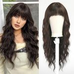 UEVIES Long Wavy Dark Brown Wigs Cosplay Party Wigs for Women Heat Resistant Fibre for Daily Party Use 26 Inches（Realistic Brown wig）