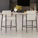 Watson & Whitely Mid Century Modern Barstools Set of 2, 26" H Upholstered Counter Height Bar Stools with Wood Armrests and Metal Legs, Fabric in Beige