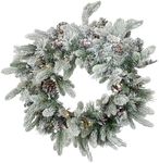 Sunnydaze 24" Flocked Pre-Lit Artificial Christmas Wreath with Pinecones and Holly Berries - 50 LED Lights with Battery Timer
