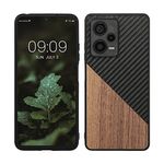 kwmobile Case Compatible with Xiaomi Redmi Note 12 Pro+ 5G / Note 12 Pro Plus 5G - Hard Phone Cover with TPU Bumper and Wood/Carbon Back - Dark Brown/Black