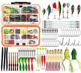 117pcs Freshwater Fishing Lures Kit Fishing Accessories Tackle Box Included Topwater Frog Lures Fishing Spoons Soft Plastic Worms Saltwater Pencil Bait Grasshopper Lures for Trout Bass Salmon