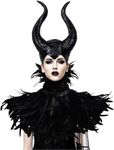 UQJE Black Gothic Witch Costume Raven Costume Halloween Feather Shawl Mesh Cape with Horns Set