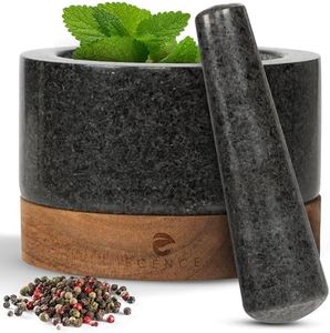 ECENCE Mortar and Pestle made from solid Granite with elegant Acacia Wood Base - Pestle and Mortar - Perfect for crushing herbs & spices - Large Stone Mortar - Diameter 15,5cm (6.1")
