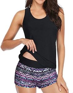Yonique 3 Piece Swimsuits for Women Athletic Tankini Teen Bathing Suit Tummy Control Modest Swimwear with Boy Shorts, Black & Tribal Purple, XX-Large