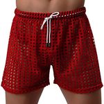 Chnli Mens Breathable Boxer Briefs Mesh Hollow Openwork Drawstring Lounge Shorts Underwear (S, red)