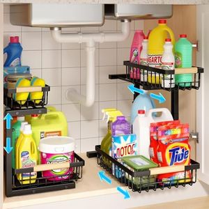 REALINN Under Sink Organizer, 2 Pack Height Adjustable Under Sink Organizers and Storage, 2 Tier Pull Out Drawer Cabinet Storage for Kitchen Bathroom