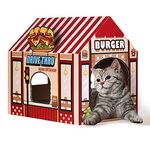 SEKAM Cardboard Cat House with Scratcher/Catnip, (42 x 30.5 x 38 cm) Kitty Burger Shop for Indoor Cats - Cat Play House & Home Decor, Arched Door House Cat Scratch Toy for Cat Birthday