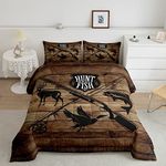 Retro Hunt Fish Bedding Set King Size,Retro Farm Wooden Board Comforter Set Room Decor for Couple,Deer Bird Fish Animal Hunting Microfiber Down Comforter,2 Pillowcases