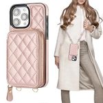 Bocasal Crossbody Wallet Case for iPhone 15 Pro Max, RFID Blocking PU Leather Zipper Handbag Purse Flip Cover, Kickstand Folio Case with Card Slots Holder Wrist Strap Lanyard 5G 6.7 Inch (Rose Gold)