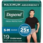 Depend FIT-FLEX Adult Incontinence Underwear for Men, Maximum Absorbency, S/M, Grey, 19 Count