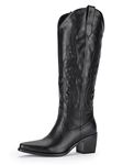 Pasuot Black Cowboy Boots for Women - Wide Calf Cowgirl Knee High Boots with Side Zip and Embroidery, Pointed Toe Western Outfit Boots Chunky Heel Retro Tall Boot Pull On for Girls Spring Fall US 8