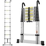 gymount Telescopic Ladder 3.2M/10.5FT Aluminium Extension Ladder w/Stabilizer Bar & Detachable Hooks, Multi Purpose Extendable Loft Ladder Portable Folding Ladder, 11 Steps, EN131, Black