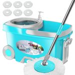 FunClean Spin Mop and Bucket,Mop and Bucket with Wringer Set for Home,360 Spinning Mopping Floor Cleaning Tool with 6 Microfiber Replacement Head Refills,61" Extended Handle, 2X Wheel - Blue