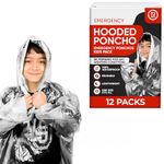 72 HRS Disposable Hooded Rain Poncho - Disposable Rain Poncho with Hood for Kids - Emergency Ponchos Family Pack (12-Pack)