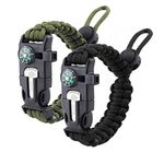 ZHIYE Survival Paracord Bracelet Flint Fire Starter Scraper Compass Wilderness Survival Whistle Adjustable Wristband 2Pack Black&Armygreen