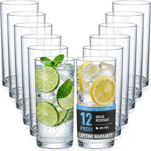 Zulay Kitchen Plastic Drinking Glasses (Set of 12) – 16oz Acrylic Shatterproof Water Cups for Home, Kitchen & Outdoors – Crystal Clear Glass Look – BPA & Lead-Free – Top-Rack Dishwasher Safe