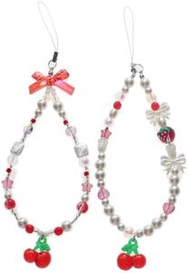 ANROFA Beaded Phone Charms Strap,Pearl Bracelet Wrist Lanyard,Cute Camera Charm Strap,Handmade Phone Case Accessories for Wallet,Cherry