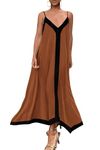 PRETTYGARDEN Women's 2024 Elegant Summer Dress V Neck Spaghetti Strap Flowy Maxi Cocktail Party Dresses (Brown,Large)