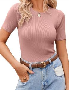 Zeagoo Women's Short Sleeve Shirt Basic Tops Crewneck Ribbed Knit Slim Fit T Shirt Cute Summer Outfits