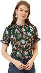 Allegra K Women's Ruffled Short Sleeve Floral Mock Neck Ruffle Summer Top Blouse Dark Green X-Large