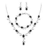 EVER FAITH Prom Party Jewelry Set for Bride Bridesmaid, Black Teardrop Cubic Zirconia Leaf Vine Bridal Necklace Dangle Earrings Bracelet Set for Women