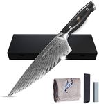 Master Maison 8" Damascus Steel Chef Knife: Full-Tang Black Handle with Japanese Mosaic Rivet, AUS-10 Ultra-Sharp Stainless Steel Japanese Chef Knife, Damascus Chef Knife, Wooden Storage Box & Extras