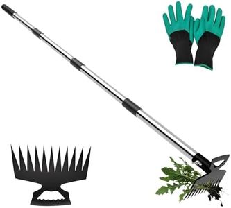 Weeding Puller Tool with Long Handle, 11 Tooth Manual Weed Rake Weeder Remover Tool Gardening with Gloves, Dandelion Gardenia Uprooting Tool for Yard, Lawn, Patio and Garden