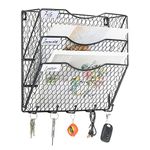 PAG Hanging Wall File Holder Office Wall Organizer Mail Sorter Metal Chicken Wire Literature Rack with 5 Hooks, 3-Tier, Black