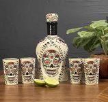 Tequila Decanter, Handmade Tequila Gift Set includes Ceramic Tequila Decanter and 4 Tequila Shot Glasses. Unique Gift for Tequila Lovers, Sugar Skull Décor, Made in Mexico