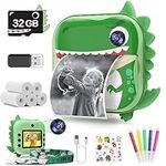 Skirfy Kids Camera Instant Print,Digital Camera for Kids with 5 Print Paper&32G TF Card&Reader,Gift for Boys Girls,Dinosaur Selfie Camera with Color Pens&Stickers,48MP Video Camcorder with Lanyard