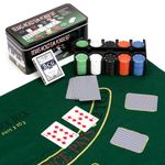 REQUISITE NEEDS Professional Poker Set with Mat, Casino Texas Hold'em and Blackjack Games - 200 Chips, Cards in Tin Box
