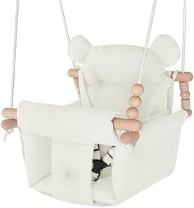 Baby Swing Indoor Outdoor,Secure Canvas Wooden Toddler Swing Seat, 3-Point Adjustable Safety Harness,Mounting Hardware Included,Gift for Boys and Girls,Beige