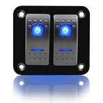 FXC Rocker Switch Aluminum Panel 2 Gang Toggle Switches Dash 5 Pin ON/Off 2 LED Backlit for Boat Car Marine Blue