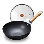 Carbon Steel Wok Pan, 11" Stir Fry Pans with Lid,No Chemical Coated Traditional Wok for Induction, Electric, Gas, Halogen All Stoves-Practical Gift