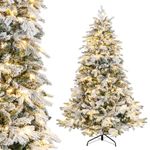 Goplus 6ft Pre-Lit Snow Flocked Christmas Tree, Artificial Hinged Xmas Tree with 1415 Branch Tips, PE & PVC Mixed Leaves, 260 Warm-White LED Lights, Foldable Metal Base, for Home Office Holiday Decor