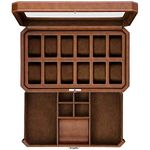 Watch Box with Valet Drawer for Men - 12 Slot Luxury Watch Case Display Organizer, Microsuede Liner, Locking Mens Jewelry Watches Holder, Men's Storage Boxes Holder Large Glass Top (Tan / Brown)