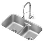 KRAUS Premier 32 in. Undermount 50/50 Double Bowl 18-Gauge Stainless Steel Kitchen Sink and Commercial Style Pull Down Faucet in Spot-Free Stainless Steel, KCA-1200