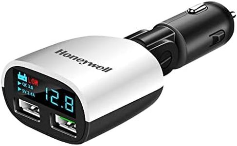 Honeywell Dual USB with LED Display Car Charger, 24W Dual USB Charger, QC 3.0 Fast Charging, Compatible with iPhones, Smartphones, Tablets, Smartwatches, Power Banks, Dashcams - Black