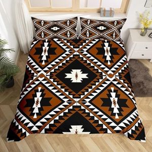 Rustic Western King Bedding Set for Men,Southwestern Aztec Comforter Cover Bohemian Duvet Cover Ethnic Mexican Style Geometric Diamond Quilt Cover Brown Black White Farmhouse Room Decor 3 Pcs