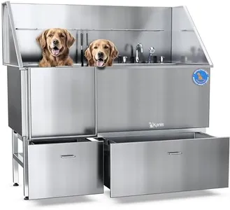 KANIS Professional Stainless Steel Dog Bathing Station - Dog Grooming Tub w/Ramp, 2 Storage Drawers, Floor Grate & Faucet/Dog Bathtub for Large, Medium & Small Pets (61", Left RAMP - 2 Drawers)