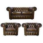 CK Chesterfield Genuine Leather 2 Seater Sofa + Two Club Chairs Sofa Set (Antique Brown)