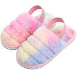 Kids Fluffy Fuzzy Slippers Close Toe House Home Slippers for Boys and Girls Faux Fur Slides with Back Strap Little Kids Slip-on Shoes (11.5-12, Rainbow, numeric_11_point_5)