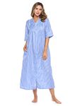 Casual Nights Women's Zip Front Woven House Dress | 3/4 Sleeves Housecoat Long Duster Lounger, Blue/White Striped, XX-Large