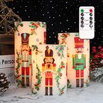 Crystal Club Christmas Flameless Candles Battery Operated, Holiday Nutcracker LED Candles with Remote, Realistic Pillar Candles for Xmas Tree, Mantel, Home Decor, Set of 3