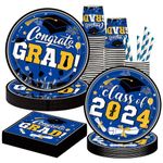Graduation Party Supplies -120PCS 2024 Graduation Party Tableware Set Serves 24 Complete Pack Including 2024 Graduation Party Plates Cups Napkins Straws for Blue Gold Graduation Party Decorations