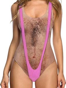 uideazone Women's One Piece Swimsuits Funny Pink Chest Hair Bathing Suit 3D Body Chest Printed Hippie Pro Swimwear Beachwear