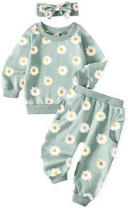 AMAWMW Infant Baby Girl Daisy Winter Clothes Long Sleeve Sweatshirts Pants Outfits Gifts 6 9 12 Months Green Pockets